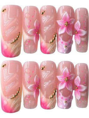Long Square Pink French Tip Acrylic Press-On Nails Set - 10 Pcs, Handmade Glam